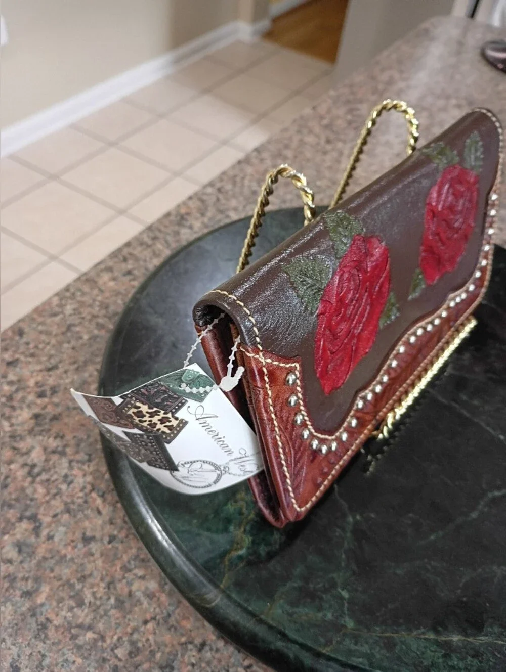 American West Handcrafted Brown Leather Clutch with Red Rose Embroidery